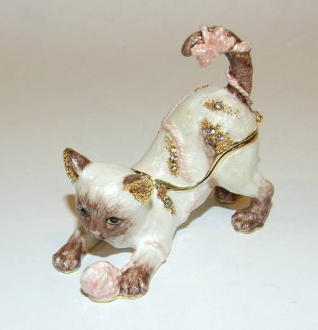Cat Kitten With Yarn Hinged Enameled Trinket Box Swarovski Crystals - The Ritzy Gift