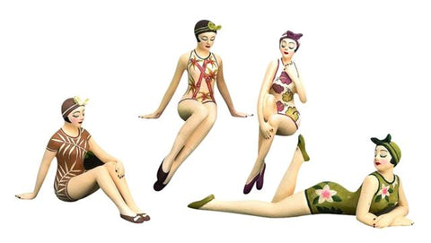 Retro Bathing Beauty Figurine 4pc Set | 1920s Swim Suit Bamboo Floral Flowers - The Ritzy Gift