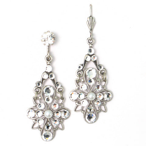 Anne Koplik Silver Crystal Flower Burst W/Pearl Leverback Earrings Made in USA - The Ritzy Gift