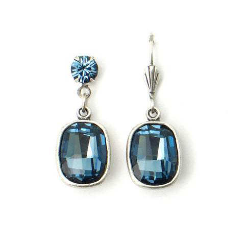 Anne Koplik Silver Faceted Denim Blue Rectangle Leverback Earrings Made in USA - The Ritzy Gift