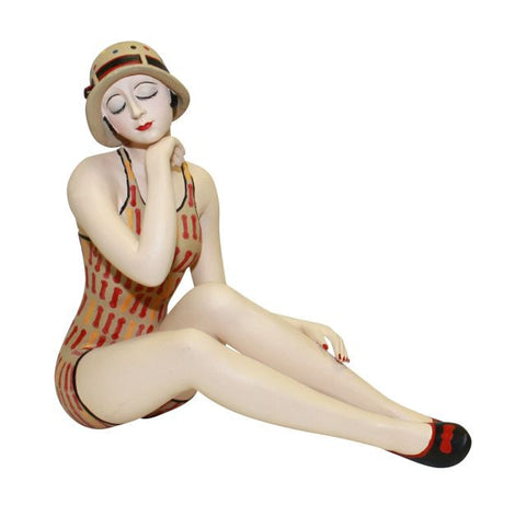 Sitting Bathing Beauty Figurine Figure with Hand on Chin and Polka Dot Sun Hat & Stripe Suit Medium - The Ritzy Gift