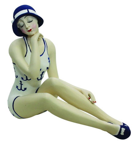 Sitting Bathing Beauty Figurine Figure with Hand on Chin in Nautical Blue and White Suit with Anchor Accents Medium - The Ritzy Gift