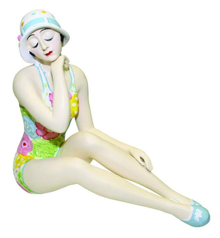 Sitting Bathing Beauty Figurine Figure with Hand on Chin in Pastel Floral Suit and Polka Dot Sun Hat Med - The Ritzy Gift
