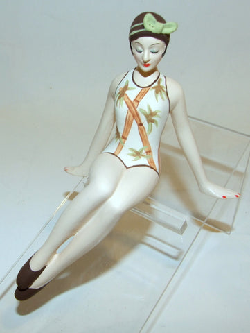 Bathing Beauty Figurine Figure Shelf Sitter Bamboo Brown Green White Art Deco Mini - The Ritzy Gift