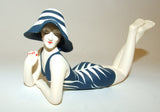 Small Bathing Beauty Figurine Figure in Navy with White Bamboo Accent Suit - The Ritzy Gift