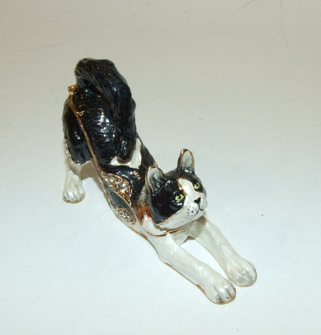 Stretching Cat Enameled Hinged Trinket Box Swarovski Crystals - The Ritzy Gift