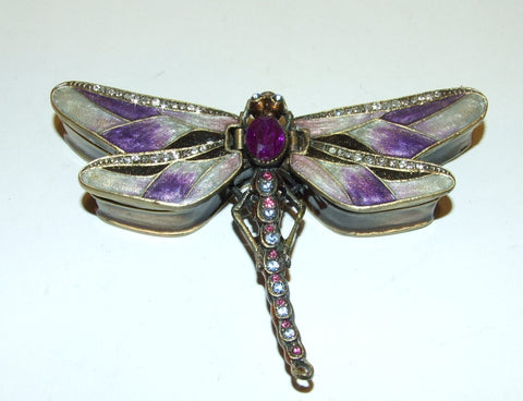 Dragonfly Bejeweled & Enameled Double Hinged Trinket Box Swarovski Crystals Purp - The Ritzy Gift