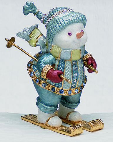 Skiing Snowman Bejeweled & Enameled Hinged Trinket Box - The Ritzy Gift