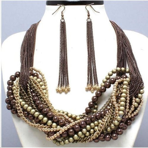 Twisted Bead & Chain Necklace & Earring Set Copper, Brass & Gold Tone - The Ritzy Gift